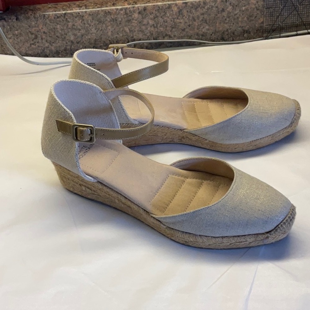Woven Espadrille Wedge Ankle-Strap Flats in Light Beige